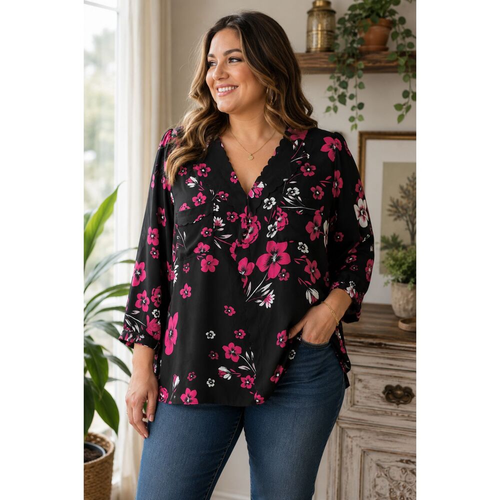Georgette Blouse XL Scalloped Trim Lightweight Top ELLE Black Pink Floral